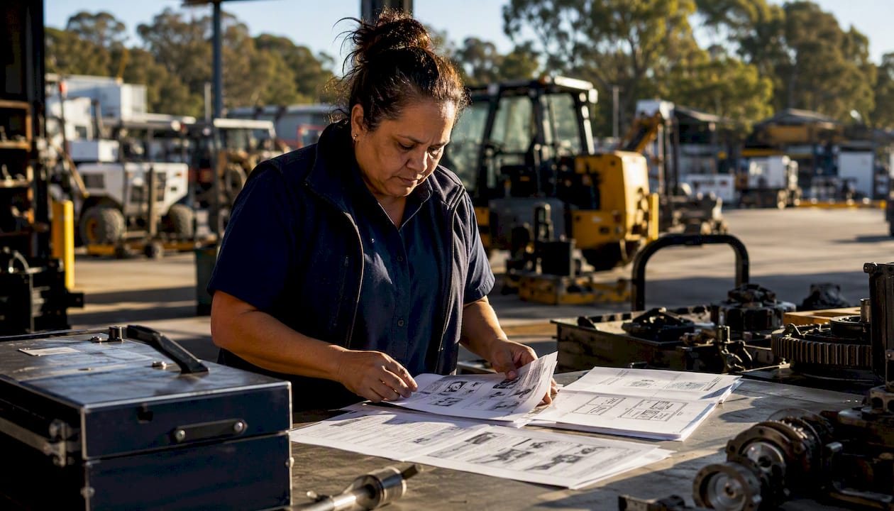 Service coordinator reviewing measurement rules at desk