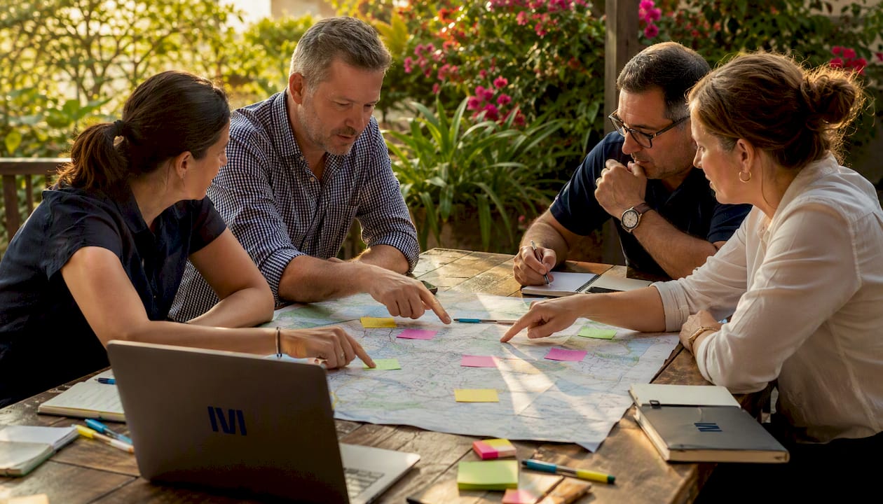 Service managers planning zones with map on table