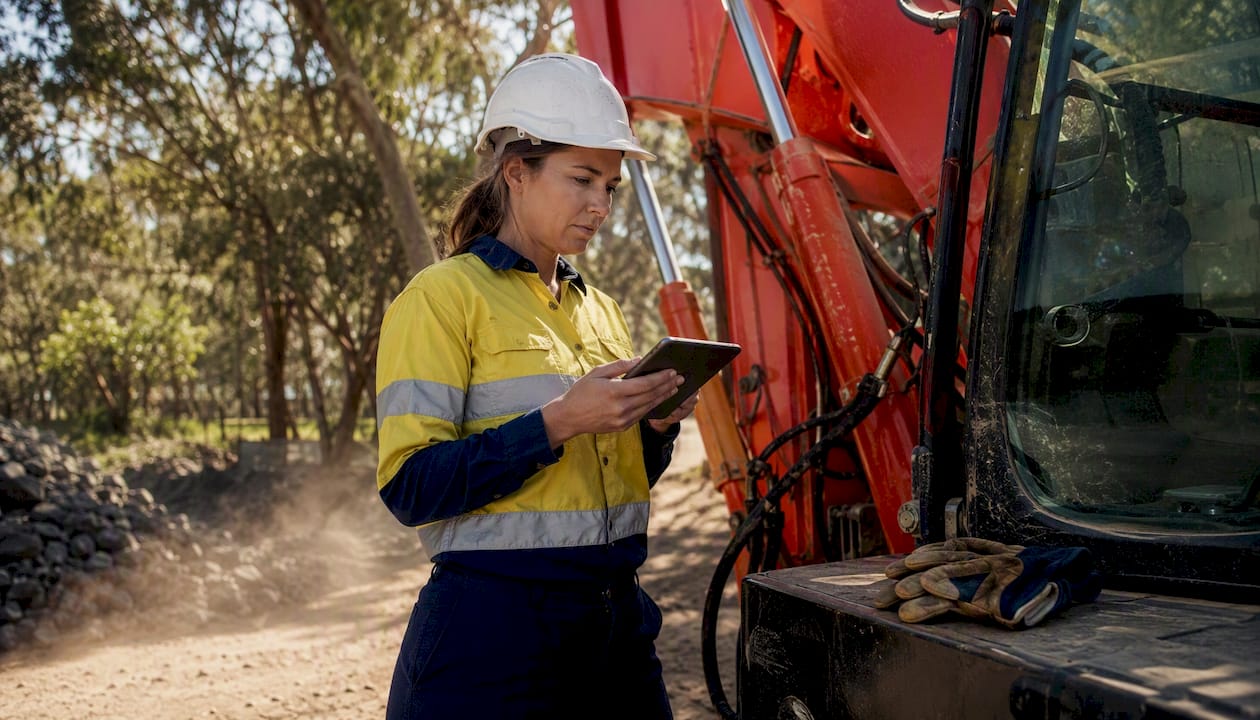 Field technician using mobile device on construction site