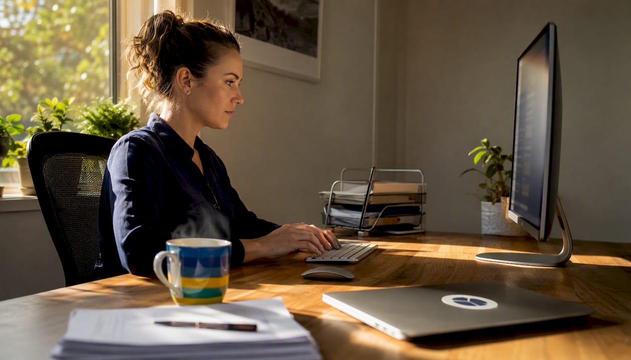 Office worker typing at dealership management system