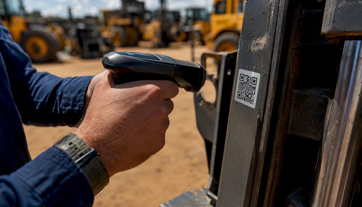 Hands scanning QR code on machinery part