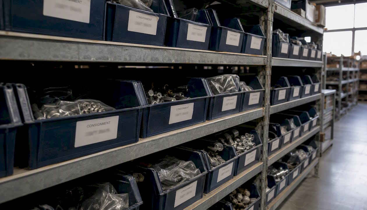 Consignment stock bins segregated in warehouse