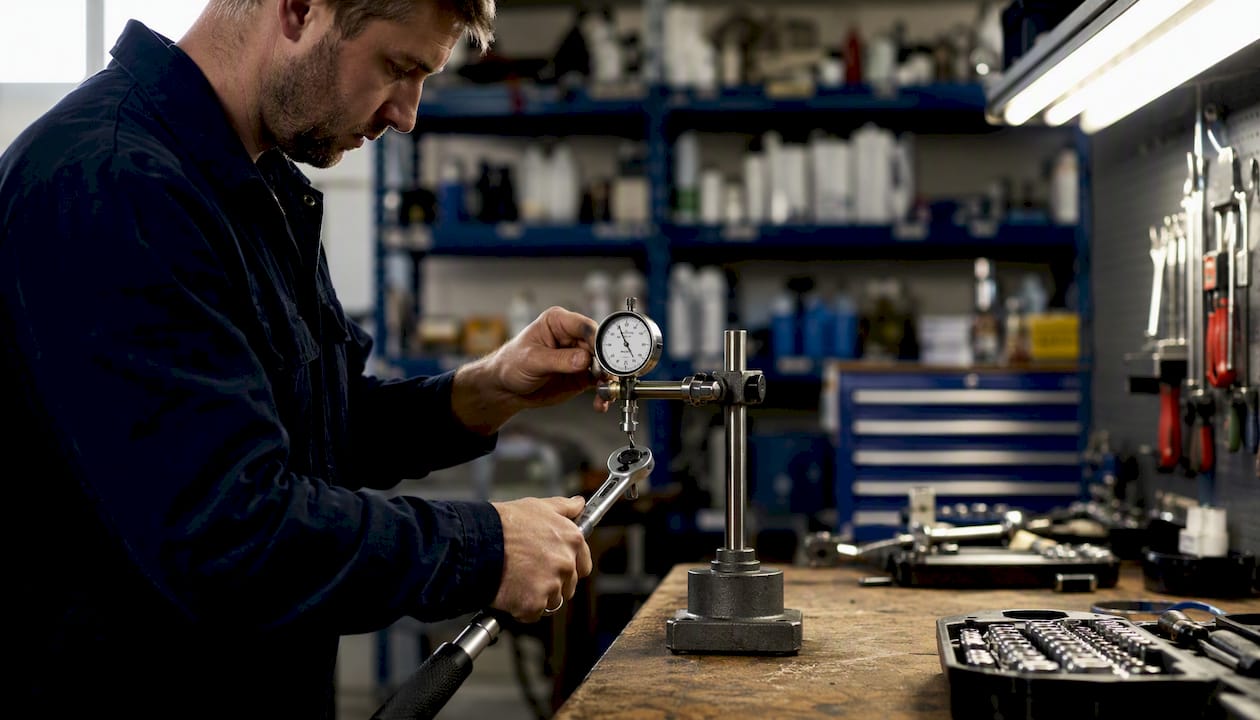 Hands calibrating torque wrench and gauges