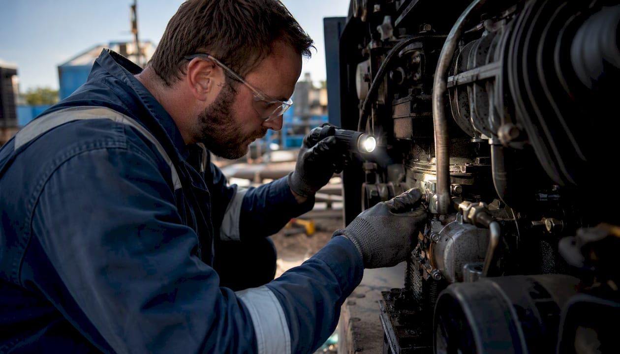 Technician inspecting industrial equipment during pilot maintenance