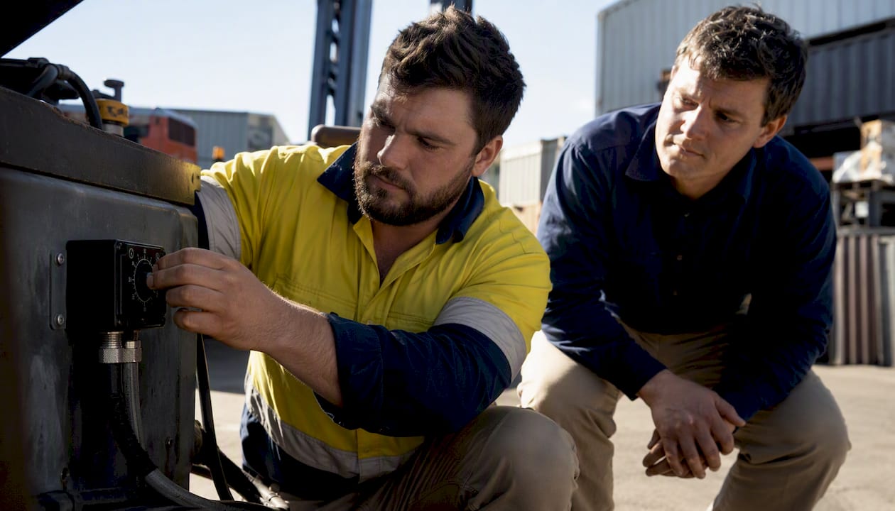 Technician adjusting SLA alert device outdoors