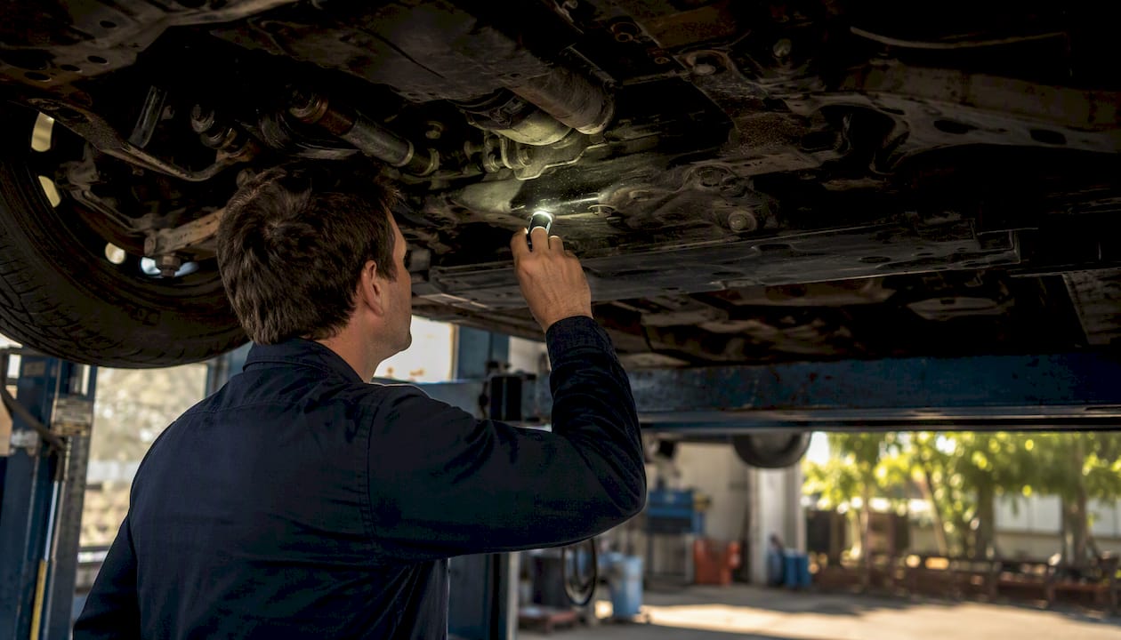 Hands inspecting vehicle undercarriage on hoist