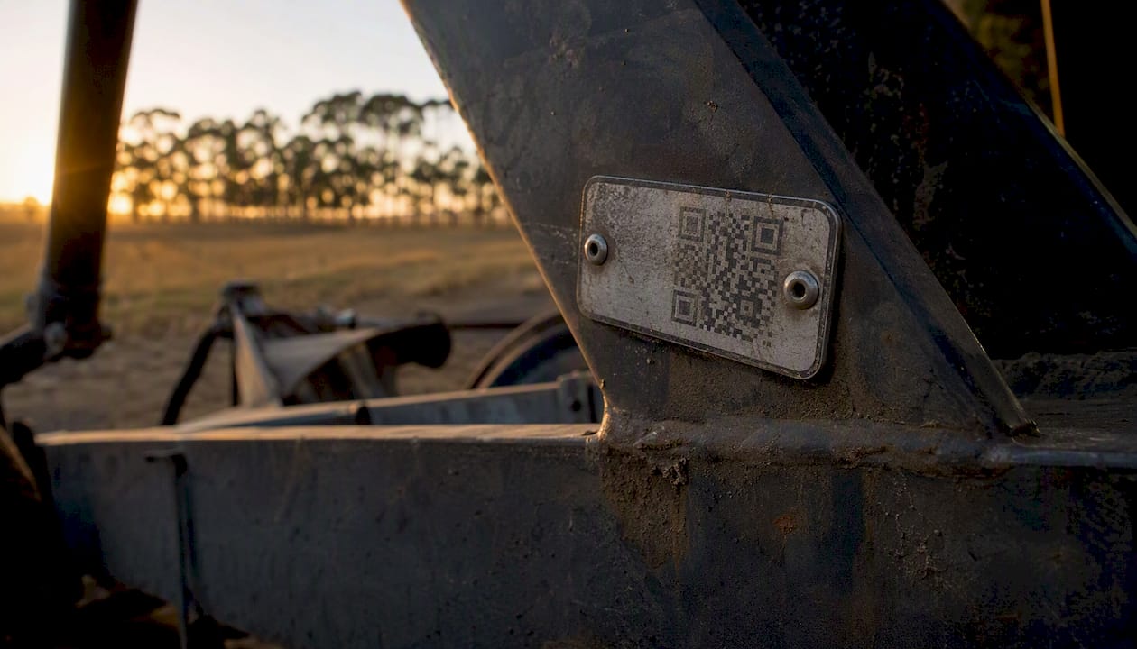 Stainless steel QR asset tag on equipment frame