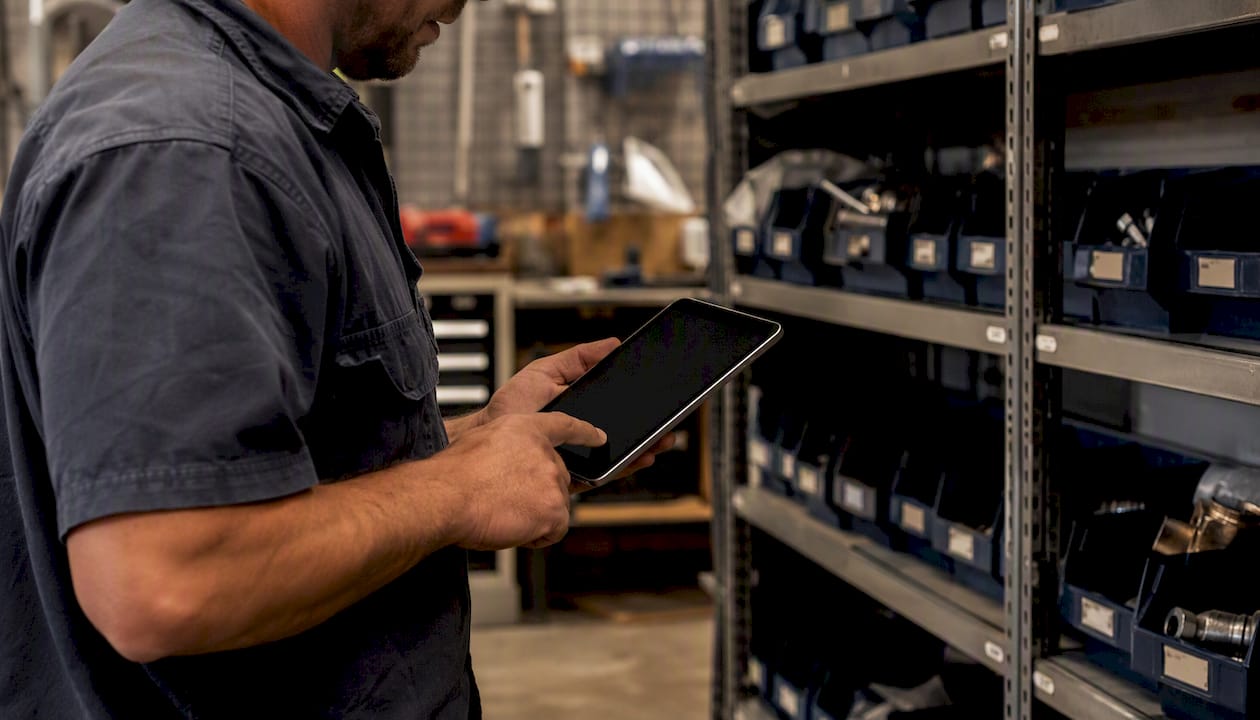 Technician holding dark screen tablet near parts bins