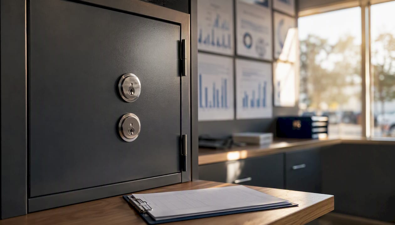 Locked safe door with key locks in dealership finance room