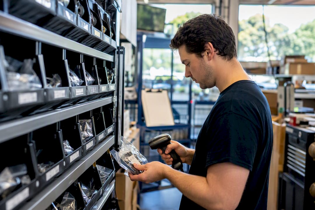 Hands scanning and organizing parts in storeroom