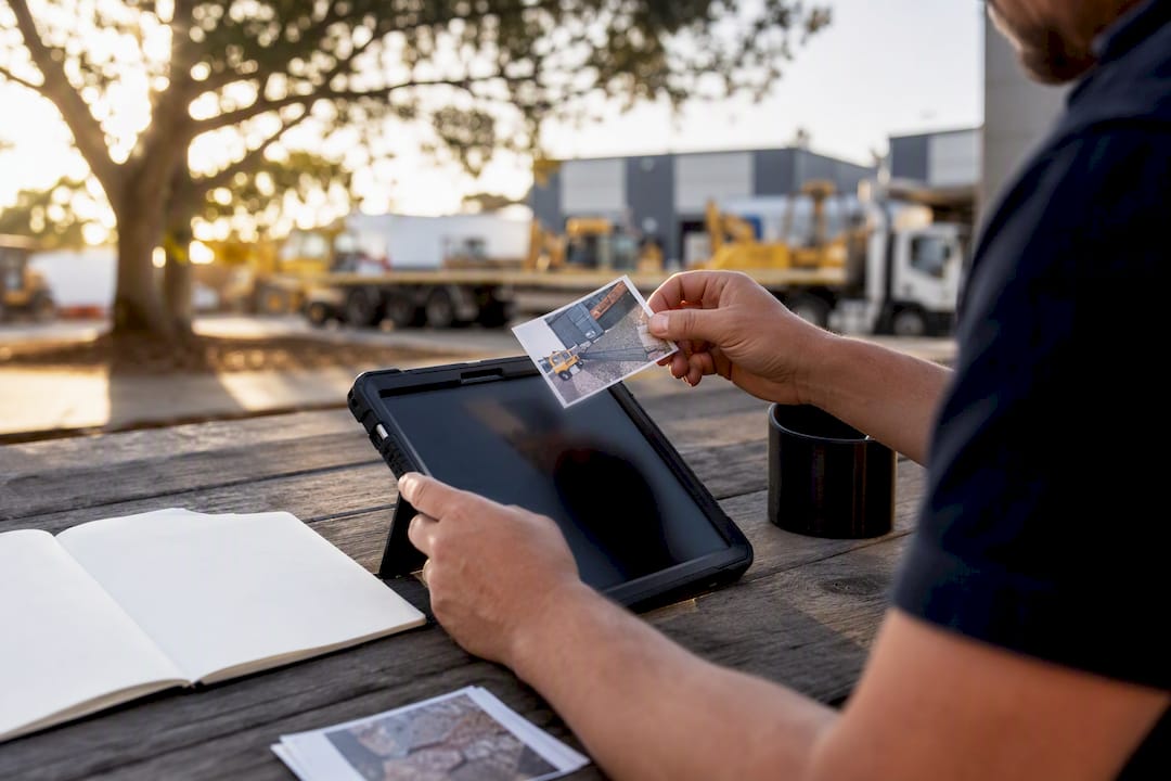 Hands organizing damage evidence on tablet in office