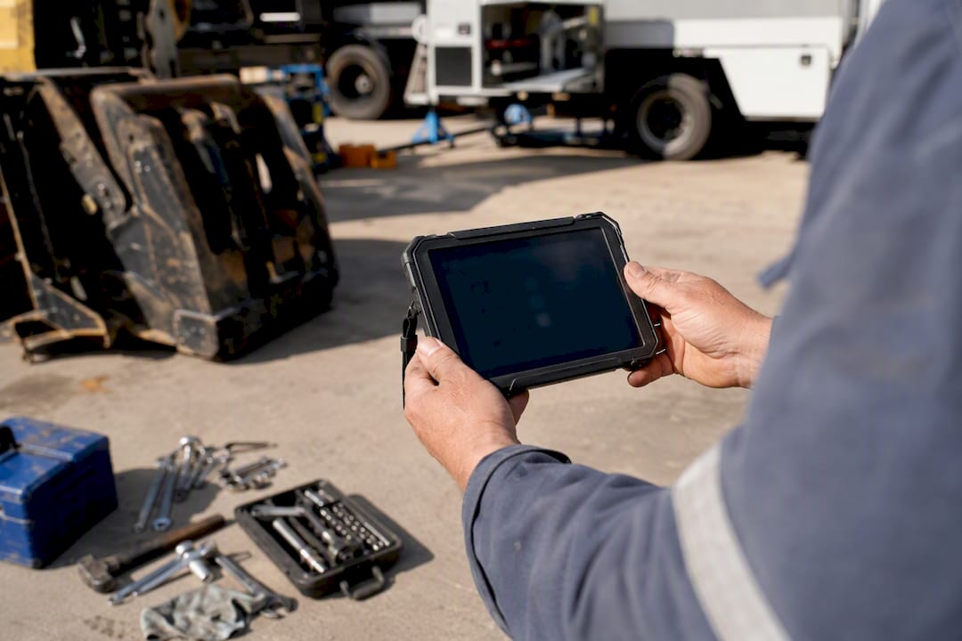 Technician holding device inspecting equipment condition