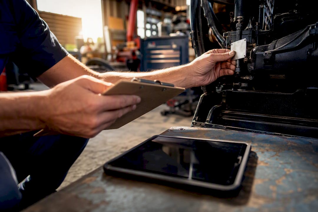 Technician inspecting equipment serial number tag