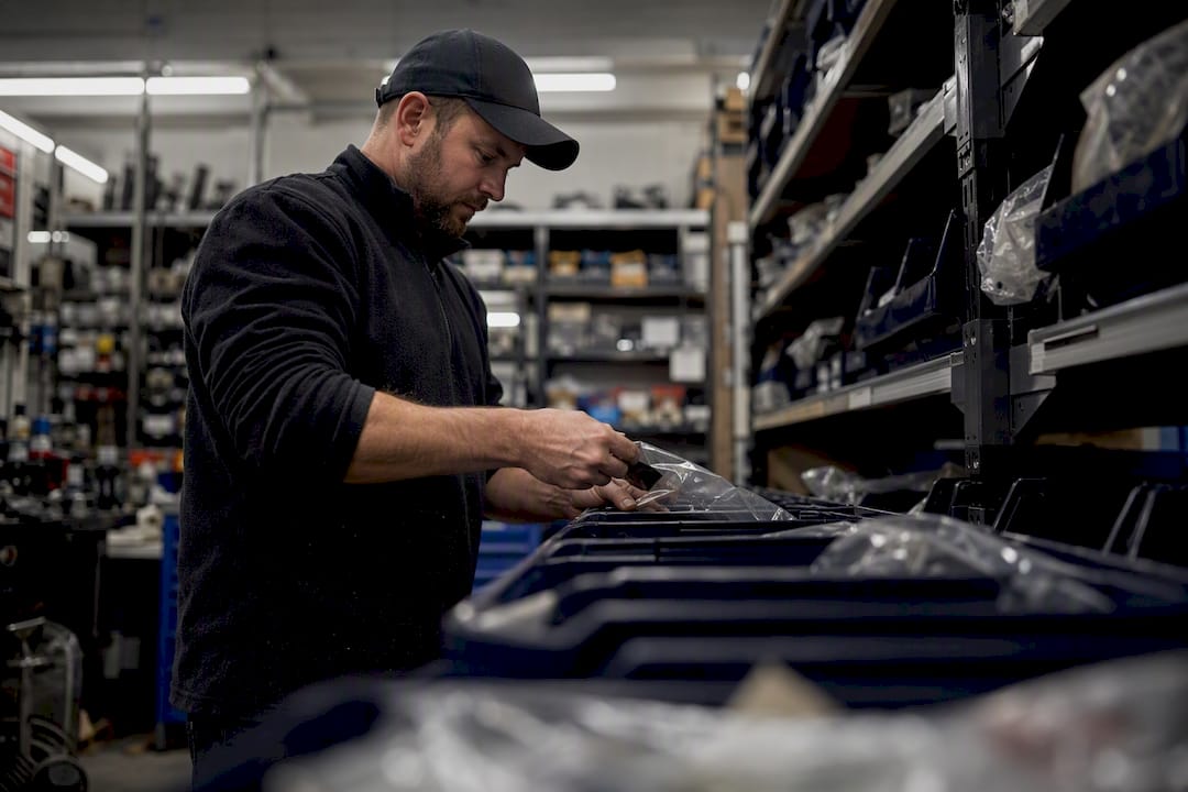 Hands sorting parts in dealership storeroom