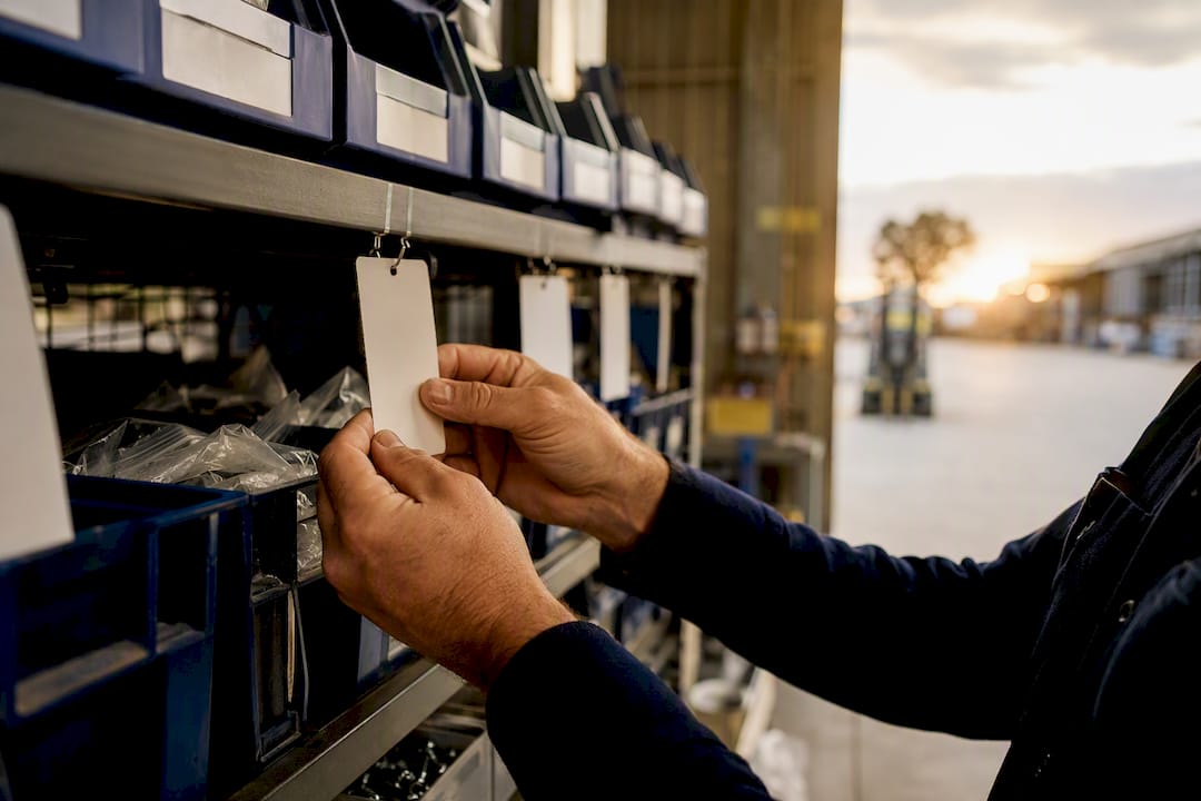 Hands adjusting parts reorder cards on stocked shelves