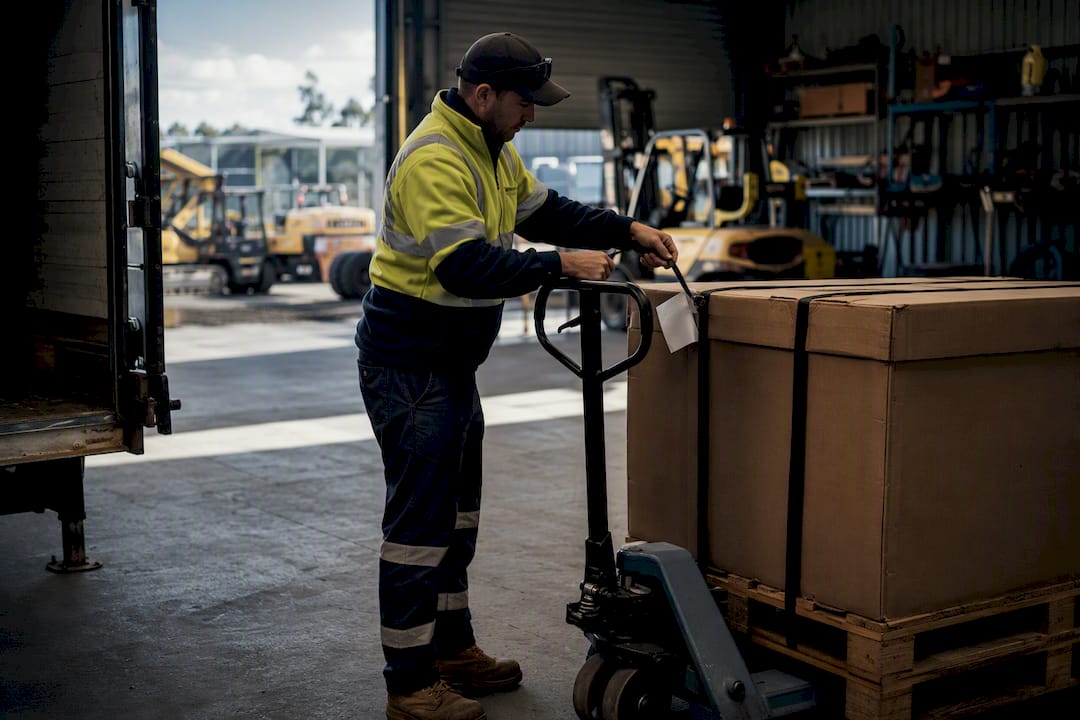 Staff loading parts on pallet jack at delivery dock