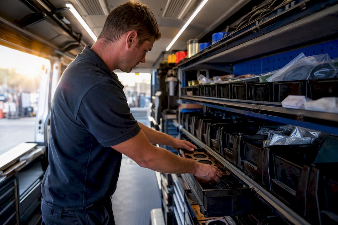 Technician restocking parts bins in van