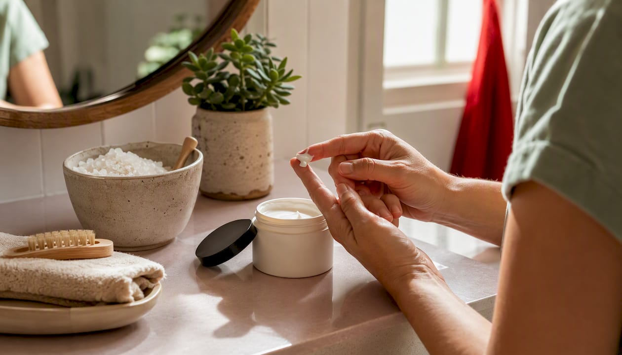 Hands dipping into cream deodorant jar