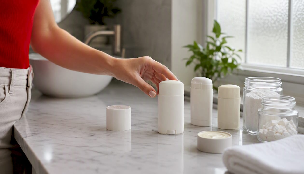 Hand choosing aluminum-free deodorant on shelf