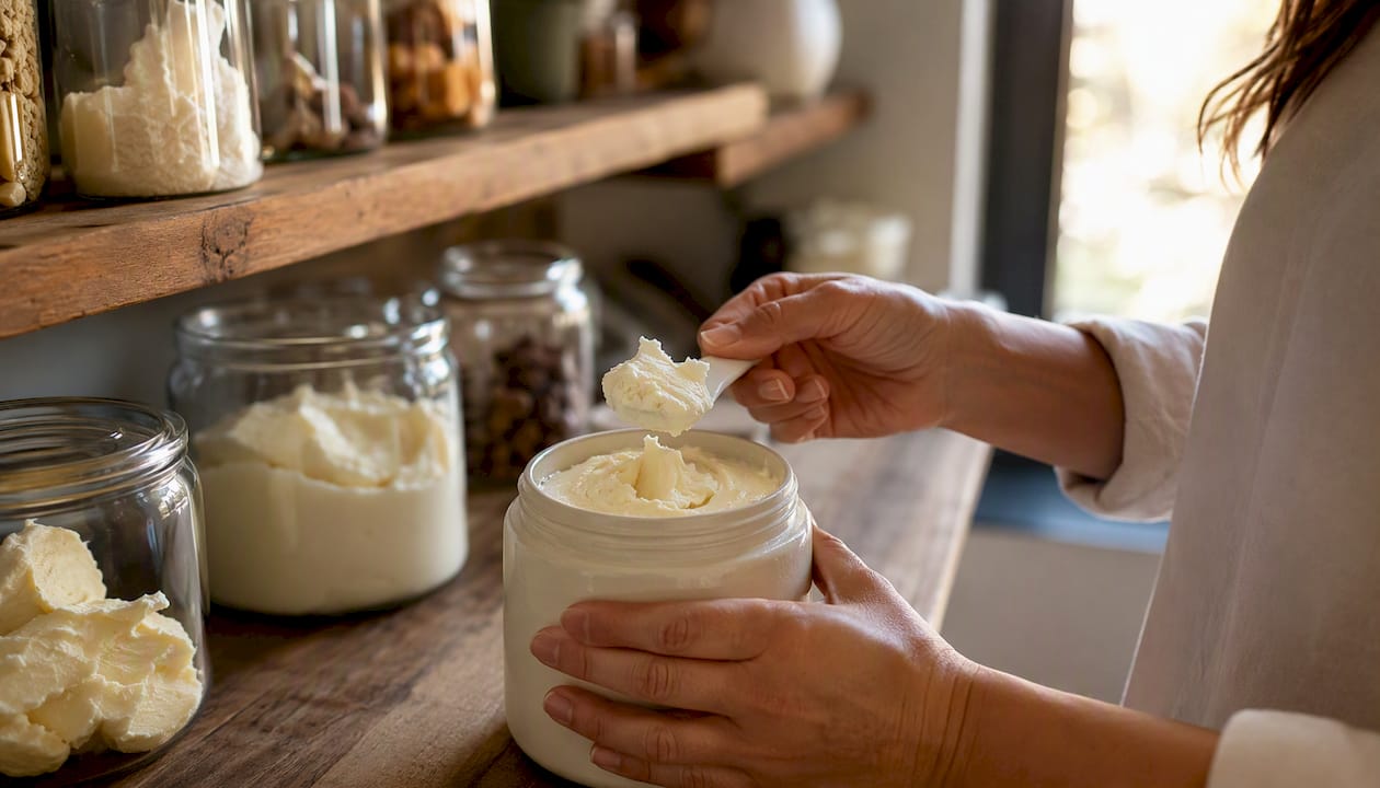 Hands scooping whipped body butter from jar