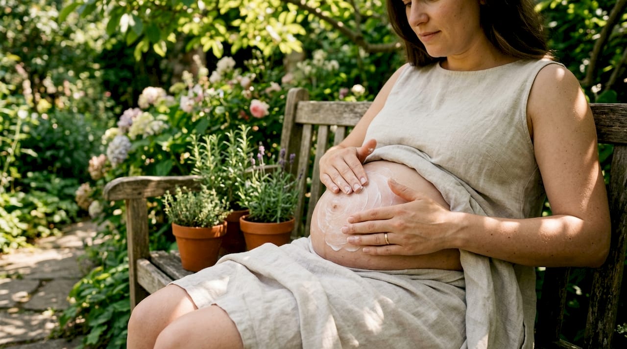 Pregnant woman's hands applying cream to belly