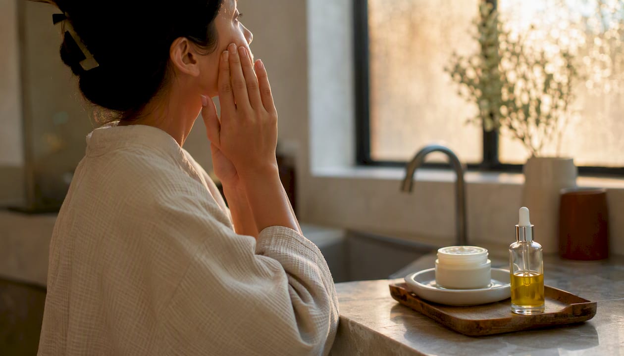 Warming jojoba oil between hands for night use