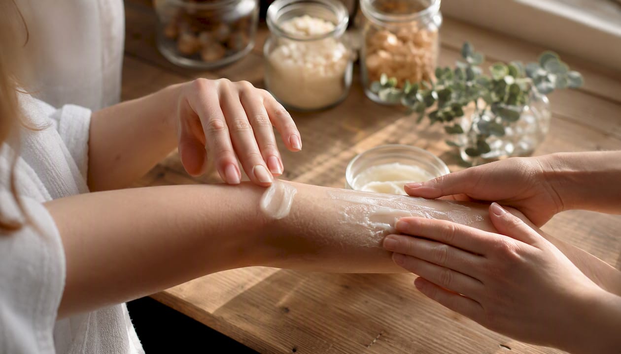 Hands layering lotion and body butter on skin