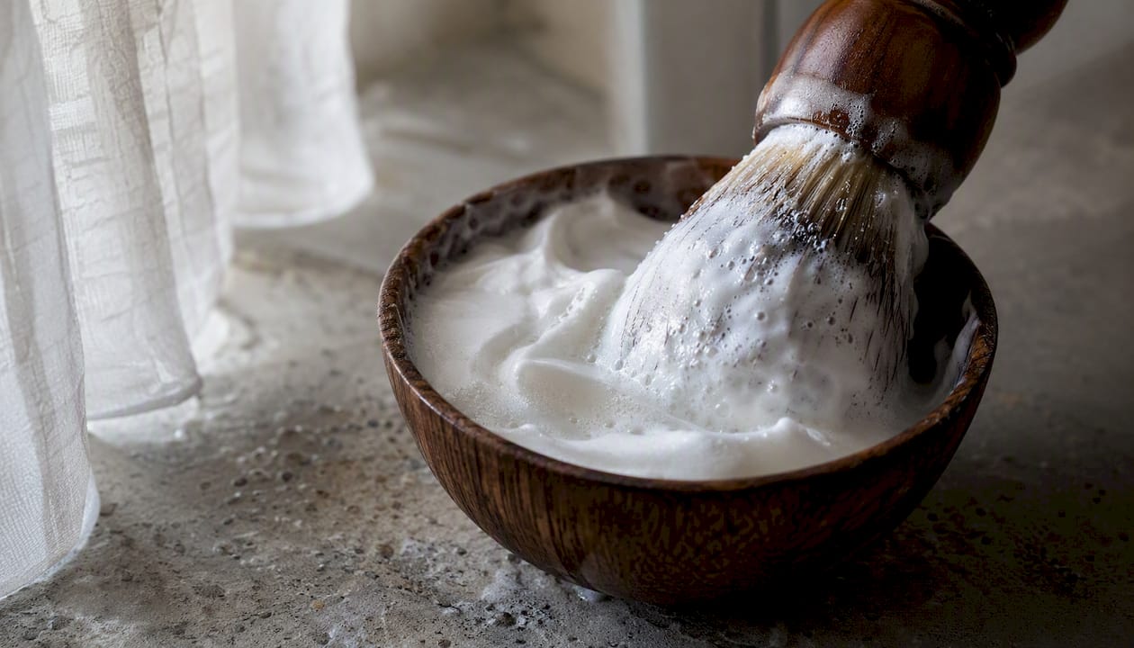 Shaving brush building lather on shaving soap bowl