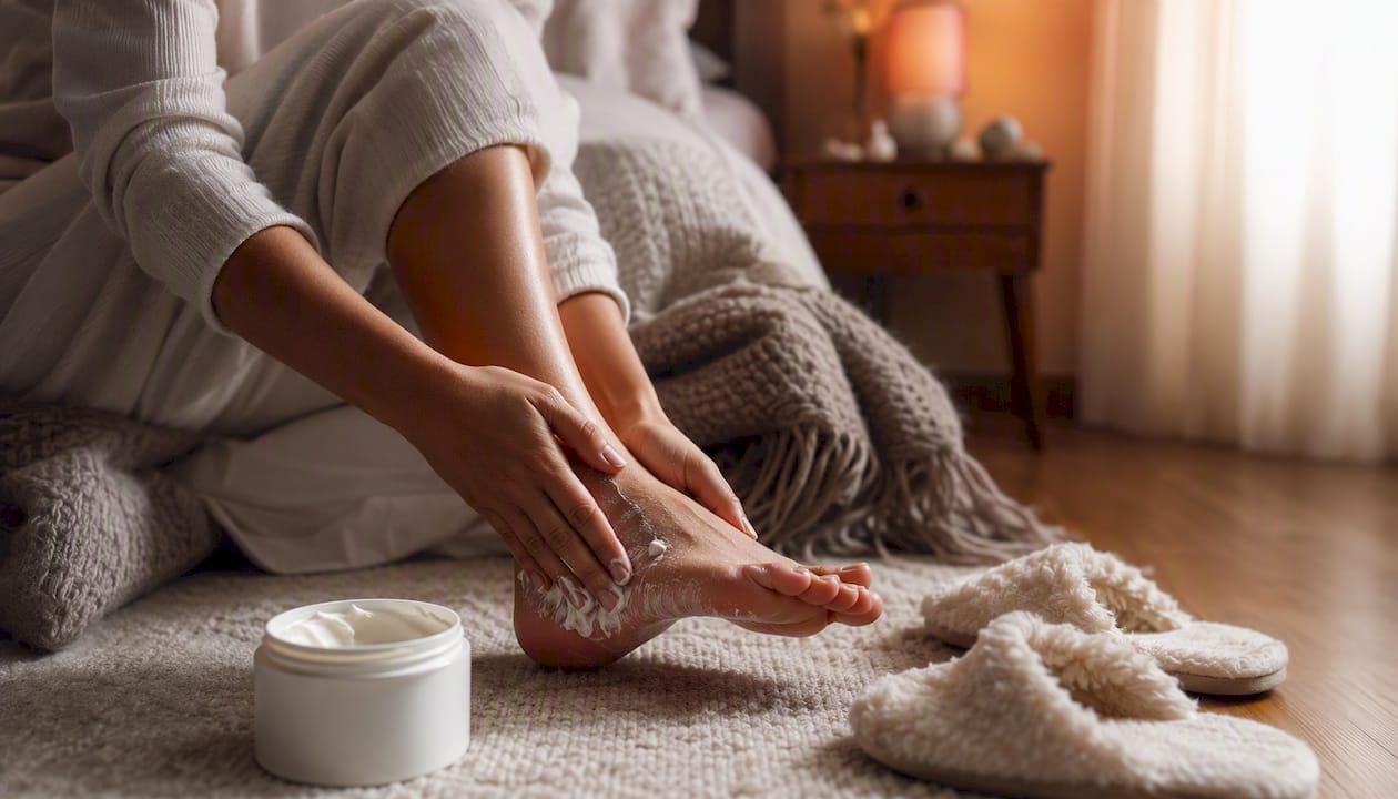 Hands applying thick body butter to feet at night