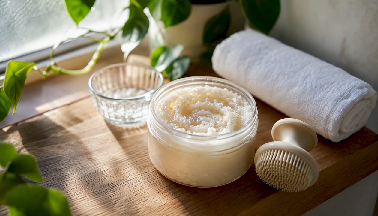 Open jar of fragrance-free whipped sugar scrub in bathroom
