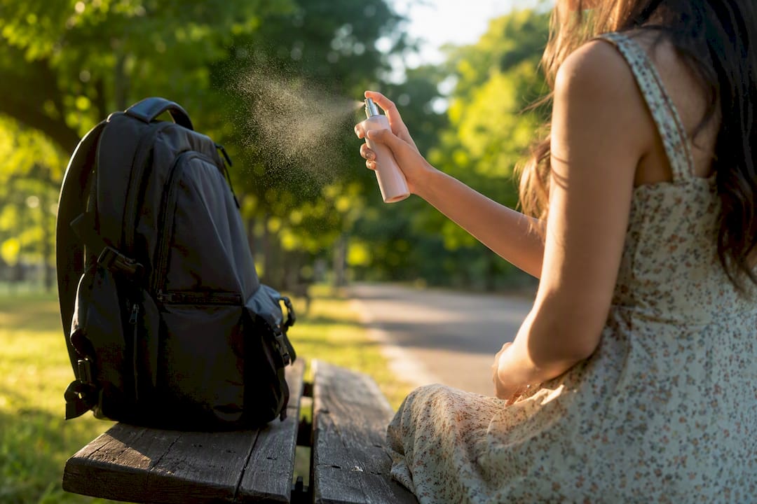 Woman reapplying body spray outdoors