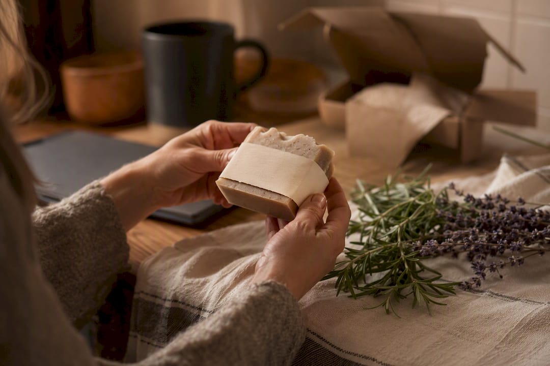 Hands inspecting soap ingredients at home desk