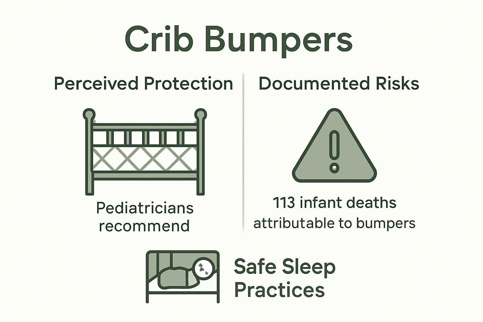 Infographic showing crib bumper risks vs. benefits and safe sleep tips