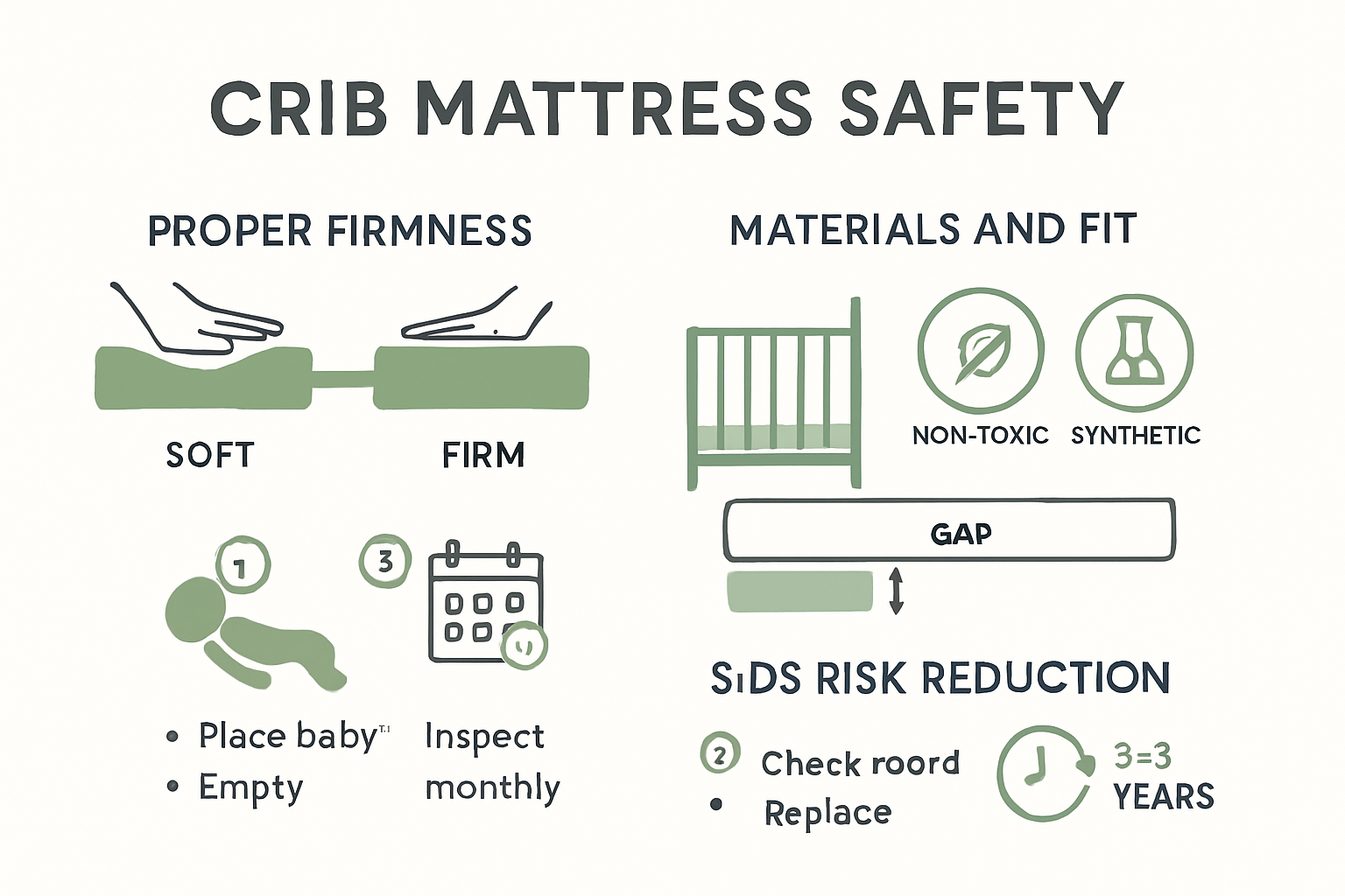 Infant crib mattress safety criteria and risk reduction infographic