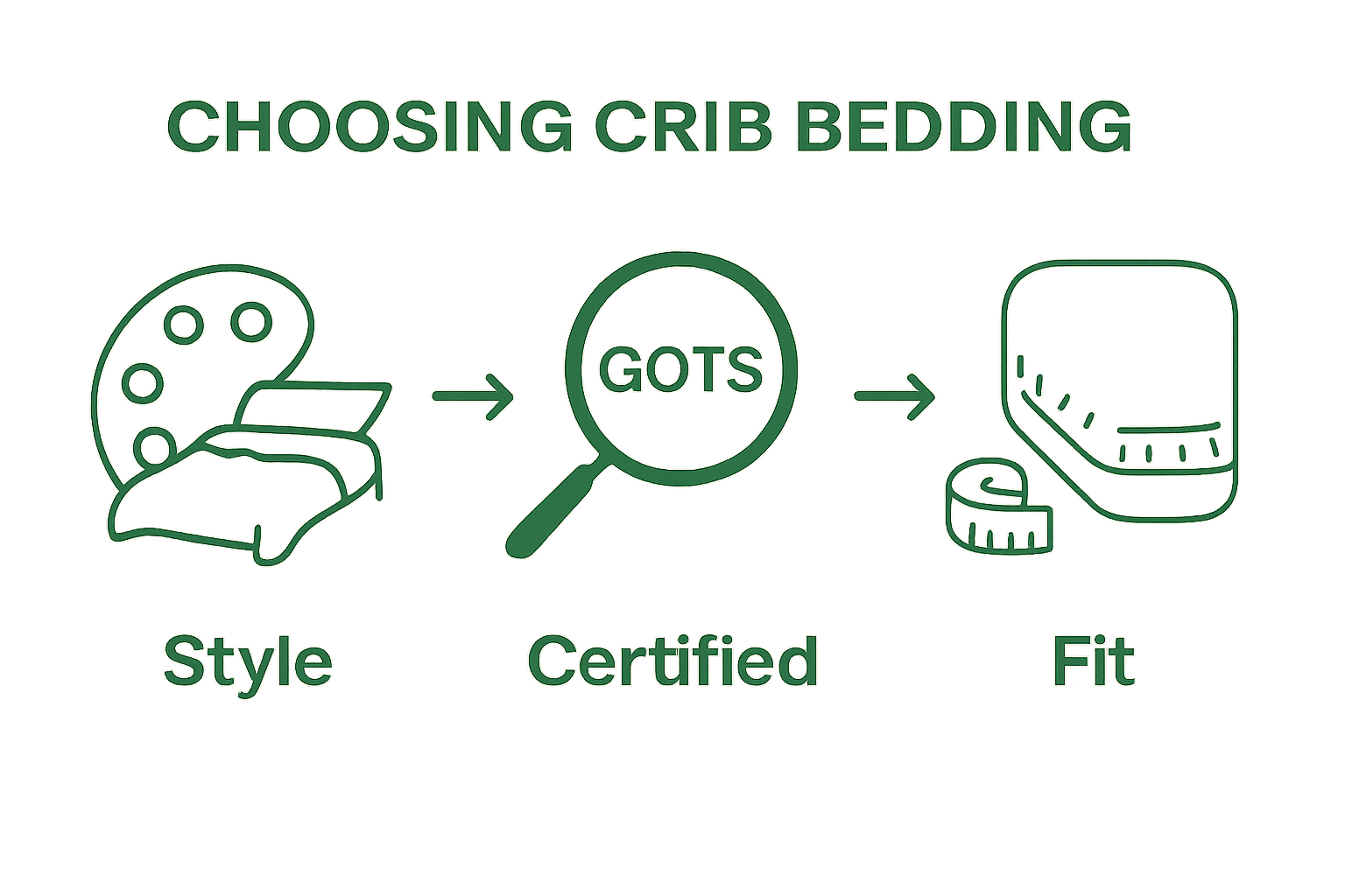 Infographic showing three steps: match nursery theme, check fabric certifications, measure for fit.