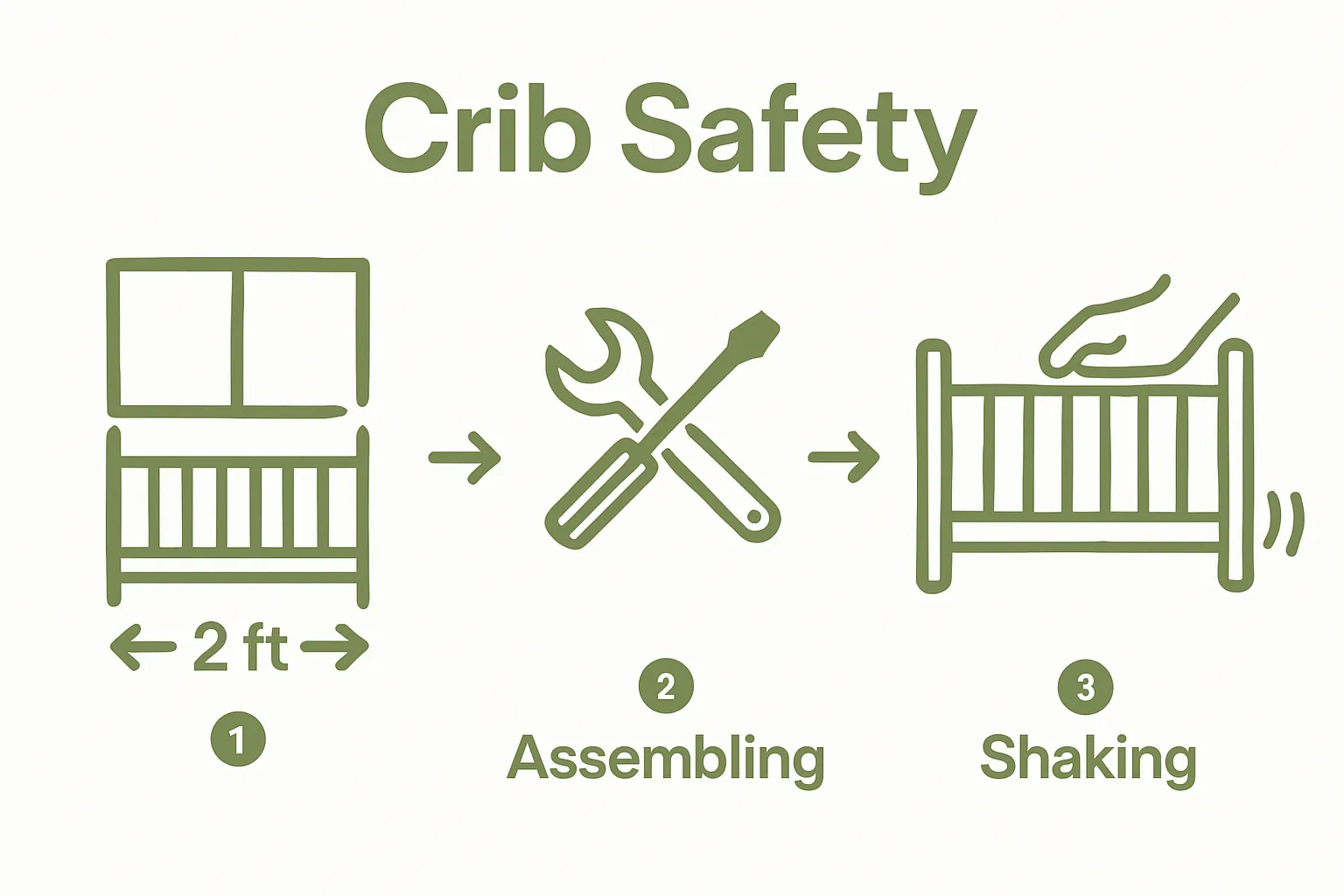Infographic showing 3 steps: crib placement, assembly, safety test