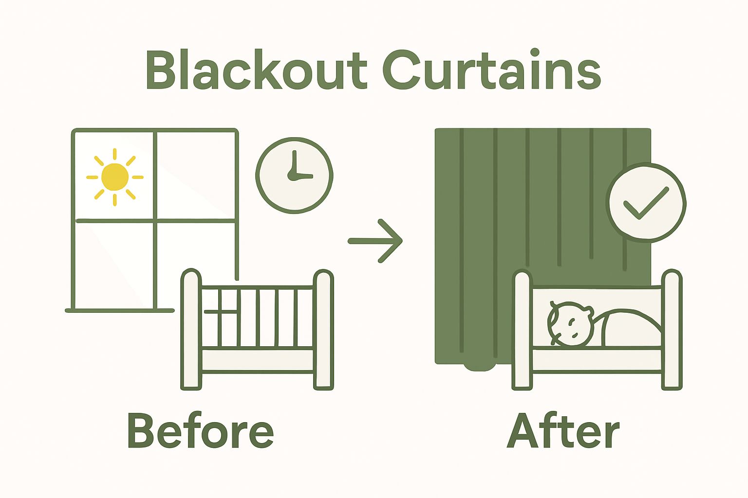 Before and after blackout curtain installation in nursery
