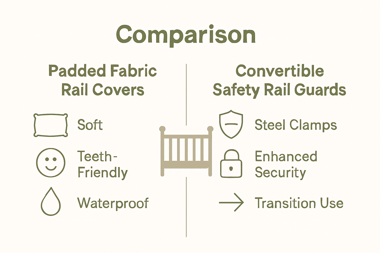 Infographic comparing padded fabric rail covers and convertible safety rail guards.