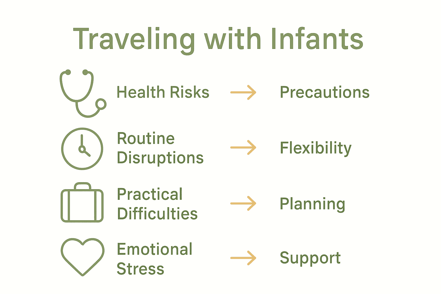 Infographic comparing infant travel challenges and solutions using icons and arrows