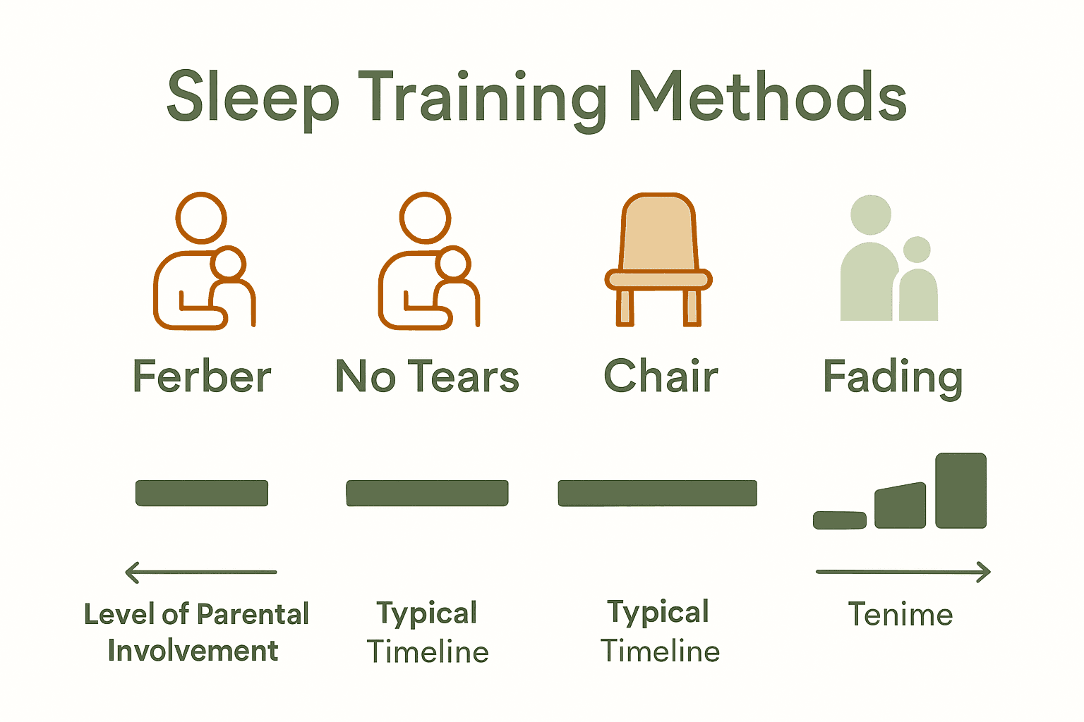 Comparison chart of four sleep training methods with icons and timelines.