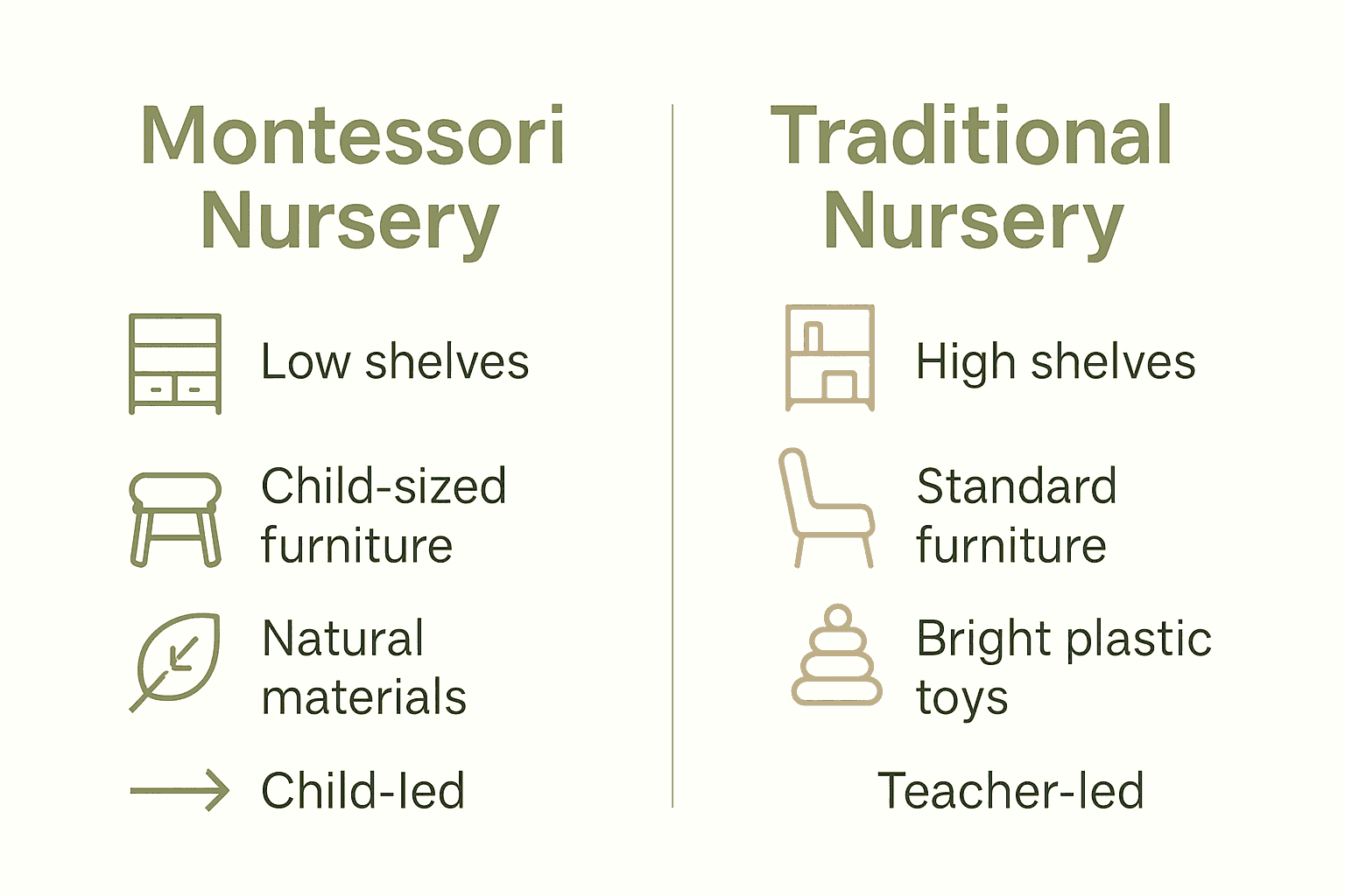 Infographic comparing Montessori and traditional nursery features side by side.