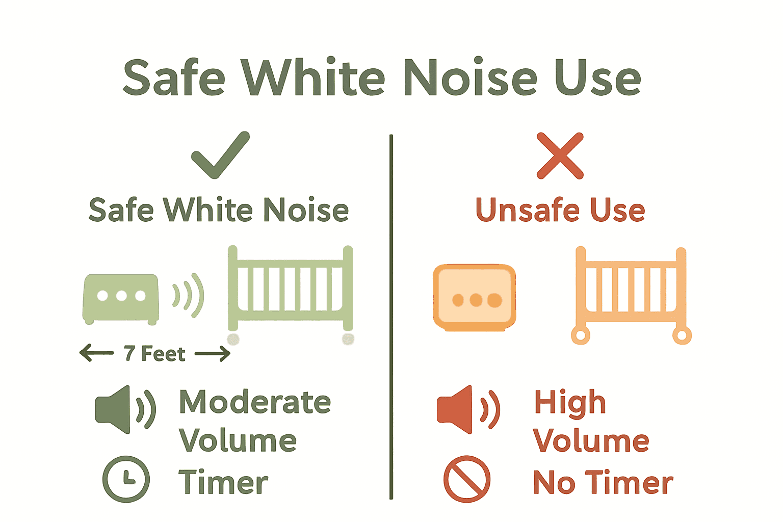 Infographic comparing safe and unsafe white noise machine setups for babies.