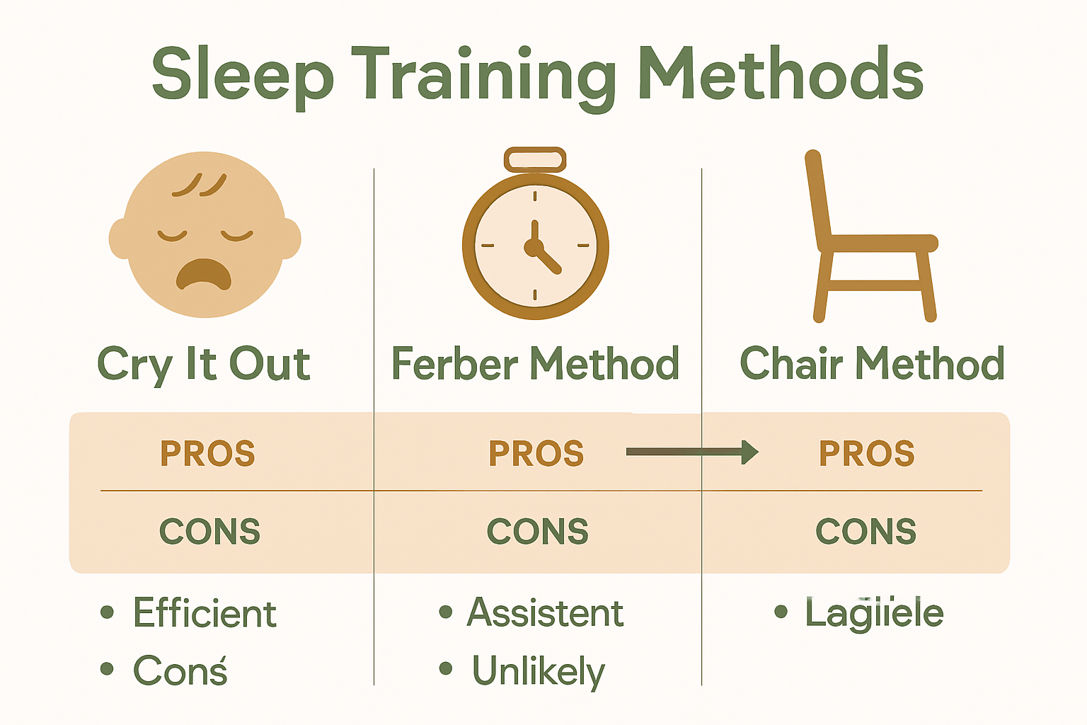 Infographic comparing popular sleep training methods using icons and pros and cons.