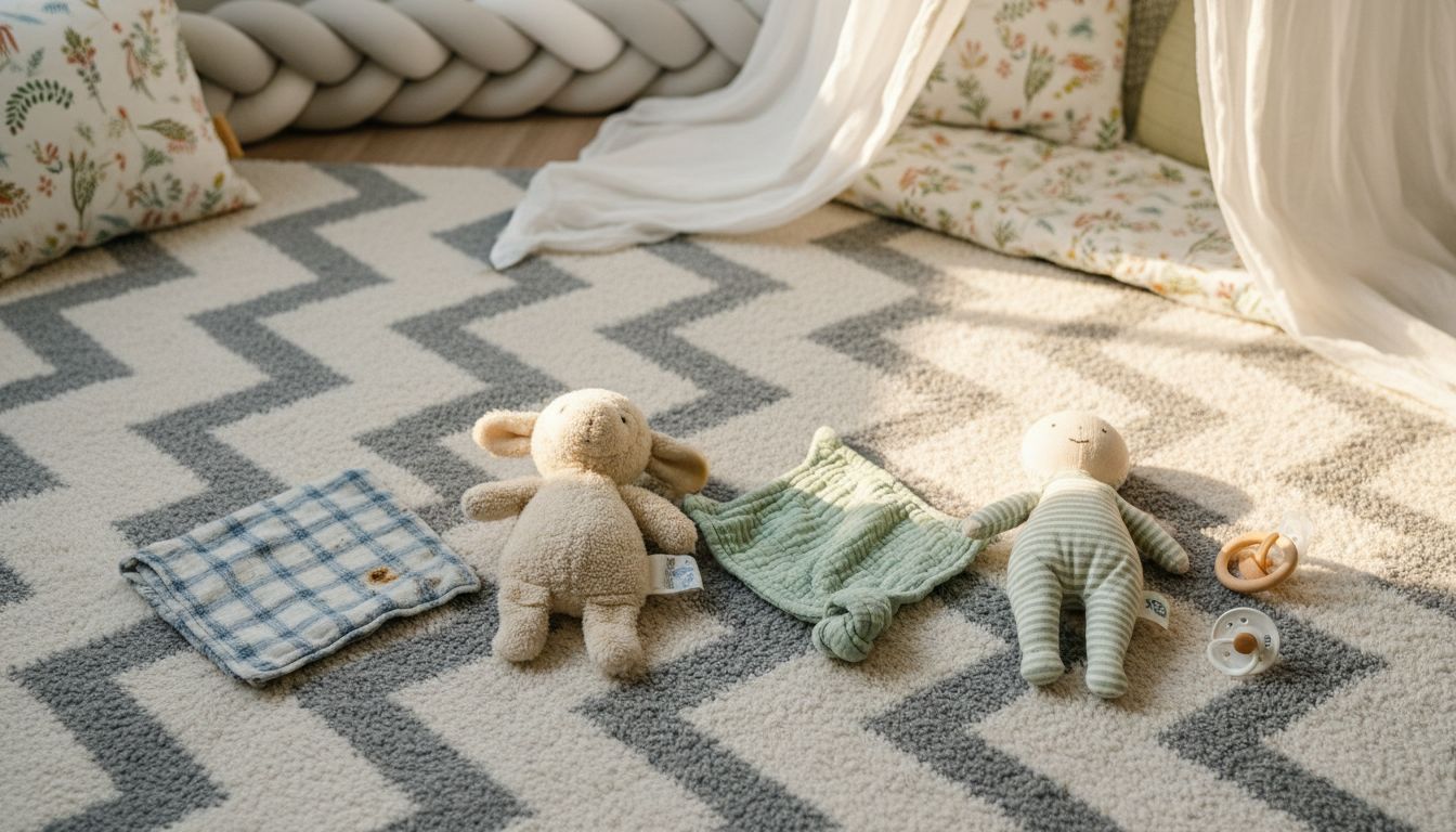 Common types of baby loveys on rug