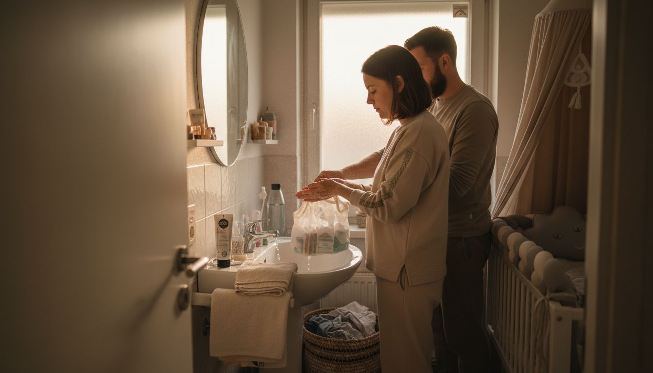 Postpartum care routine in home bathroom