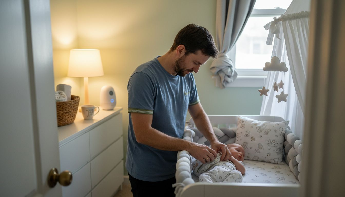 Father soothes baby in calming nursery
