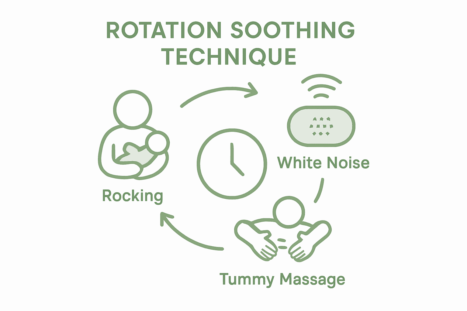 Infographic showing rotation of soothing techniques for colic