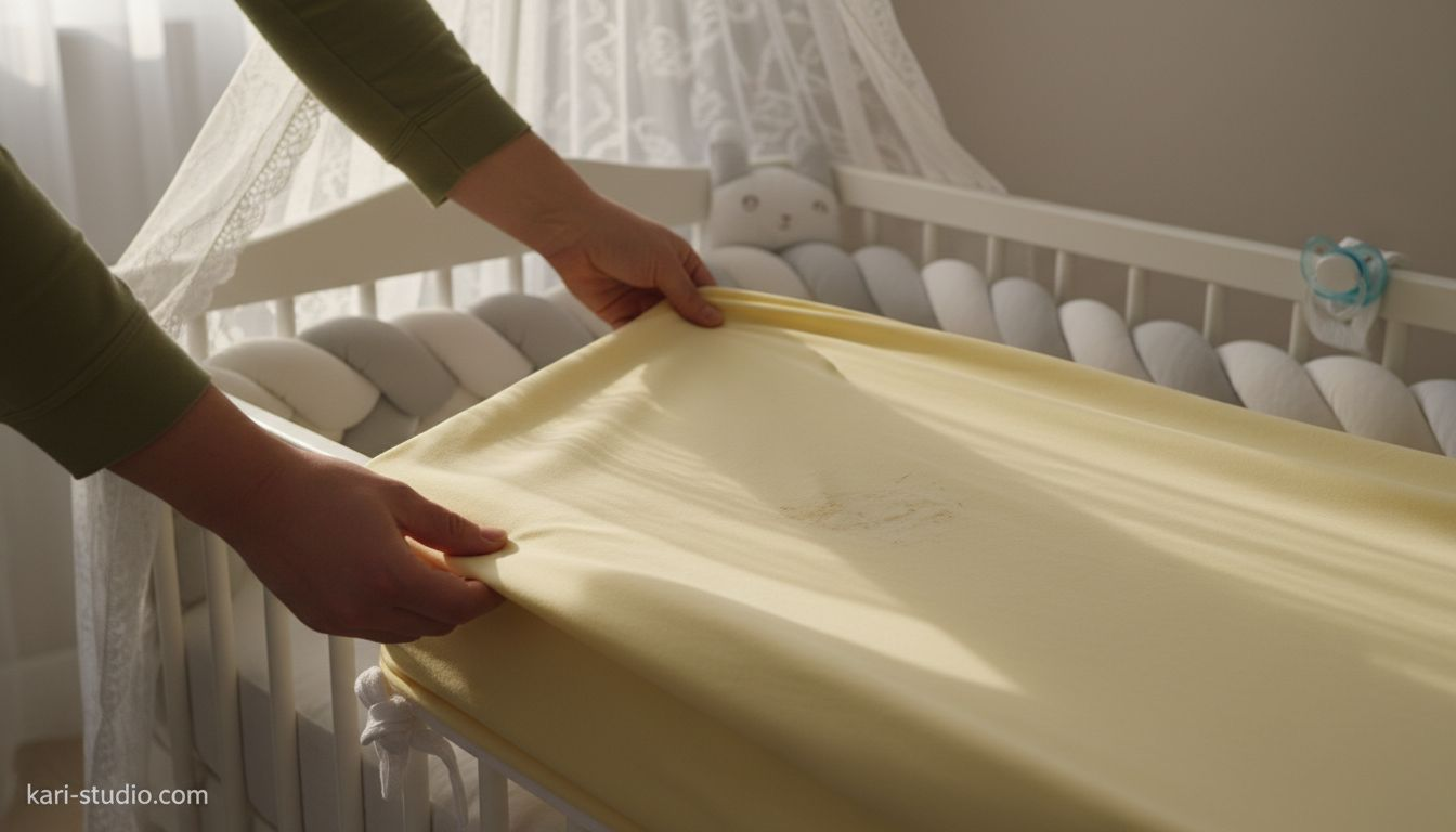 Hands fitting crib sheet tightly