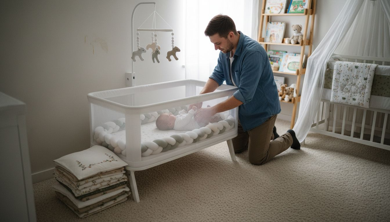 Parent placing baby for safe sleep
