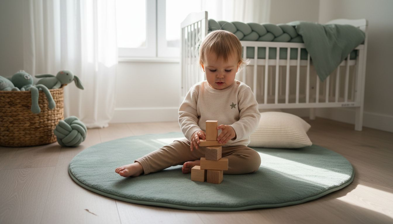 Toddler playing in sage accent nursery
